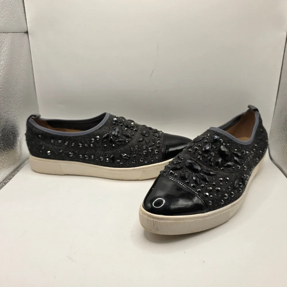 Karl Lagerfeld Paris Crystal Embellished Slip On Sneakers Black Patent Toe 8N